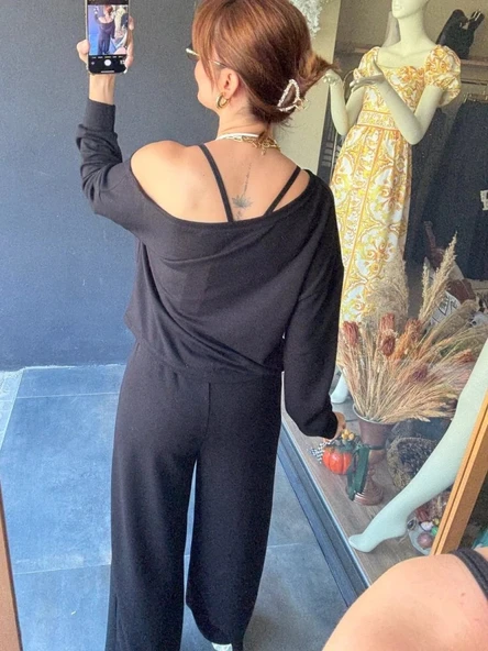 MDB Kadın Uzun Kollu Tek Omuzdan Açık Viskon Iki Iplik Bluz Ve Pantolon Ikili Takım - Resim 4