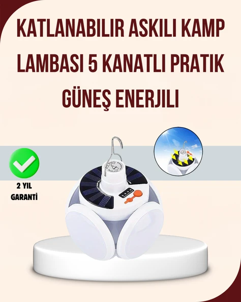 Güneş Enerjili USB Şarj Edilebilir 5 Modlu Katlanabilir LED Kamp Işığı ürün görseli