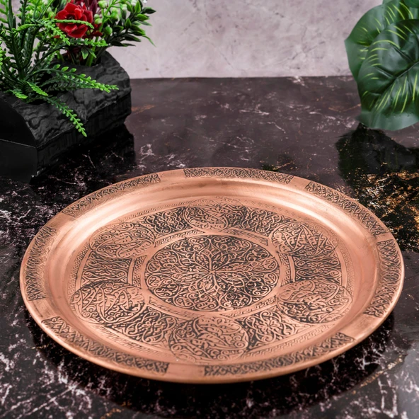 DMT Gaziantep  Bakır 25 cm Osmanlı El İşi Sunum Rustik tepsi Kına tepsisi 25 cm - Resim 3