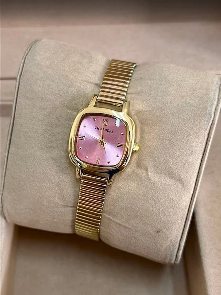 Altın Renk Kaplama Çelik Kordonlu Şık VIP Model Kare Kadranlı Kadın Saati | Pembe Vintage Şıklık ürün görseli 1
