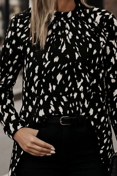 MDB Kadın Uzun Kollu Yarı Balıkçı Yaka Desenli Dokuma Bluz - Resim 2