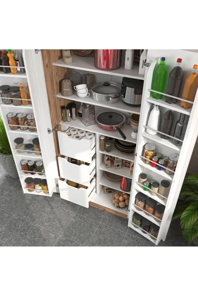 ZEYTUNHOME 165 Derece Açılabilir 2 Kapaklı, 3 Çekmeceli, Kavanoz Raflı Kiler ve Erzak Mutfak Dolabı - 3