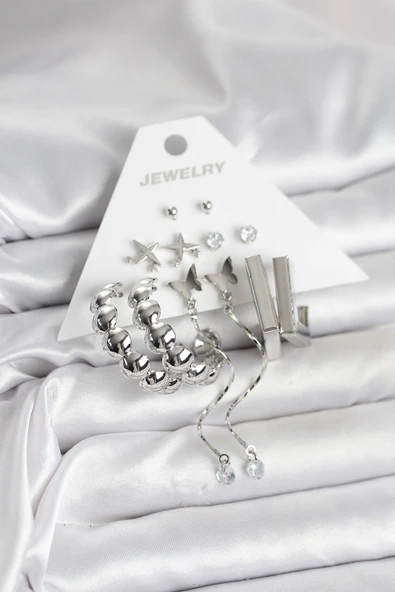 Gümüş Renk Pirinç 6'lı Kadın Küpe Seti - TJ-BKP11330 ürün görseli