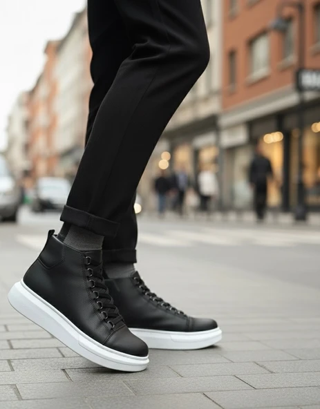 Pabucmarketi Bağcıklı Erkek Sneaker Bot SİYAH (BEYAZ TABAN) - Resim 3