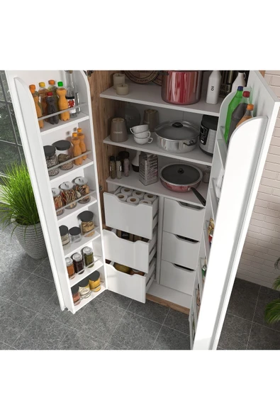 ZEYTUNHOME 90 Derece Açılabilir 2 Kapaklı, 6 Çekmeceli, Kavanoz Raflı Kiler ve Erzak Mutfak Dolabı - 3