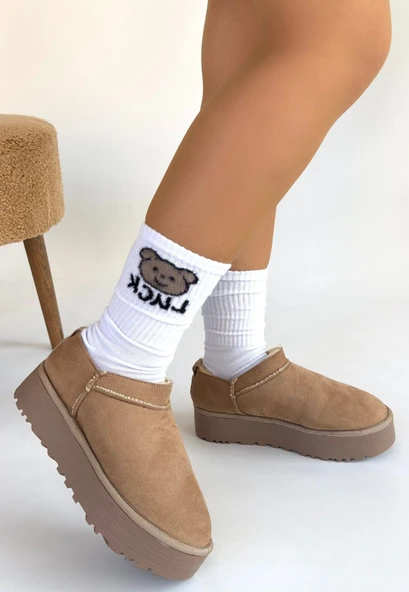 Pabucmarketi Vizon Süet Kürklü Kadın Düz Bootie - 3