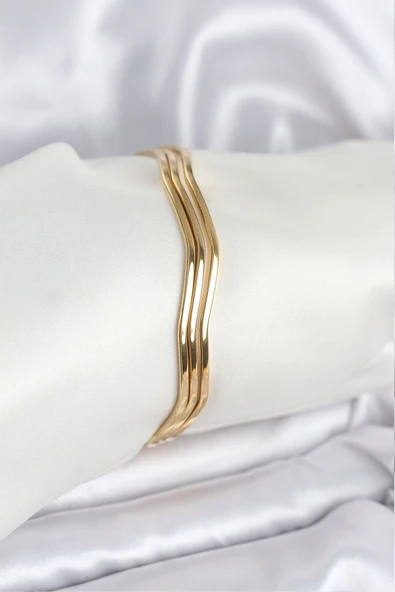 316L Çelik Gold Renk 65 mm Ajda Zikzak Model 3lü Kadın Bileklik - TJ-BB8075 ürün görseli