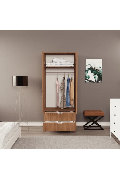 ZEYTUNHOME Moderno Mini 2 Kapaklı 2 Çekmeceli Gardırop – Kompakt Tasarım, Modern Görünüm - 3