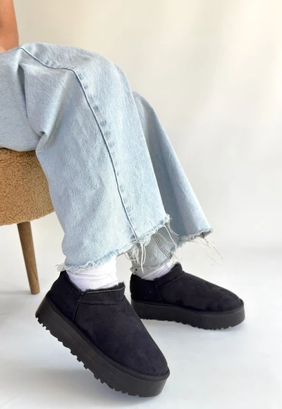 Pabucmarketi Siyah Süet Kürklü Kadın Düz Bootie - 3