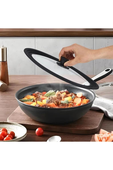 ERGENÇLER Evrensel 3 adet 9 Boyutlu Kademeli Silikon Kenarlı Cam Tencere&Tava Kapak Seti - Resim 5