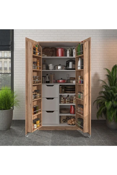 ZEYTUNHOME 90 Derece Açılabilir 2 Kapaklı, Çekmeceli, Kavanoz Raflı Kiler ve Erzak Mutfak Dolabı