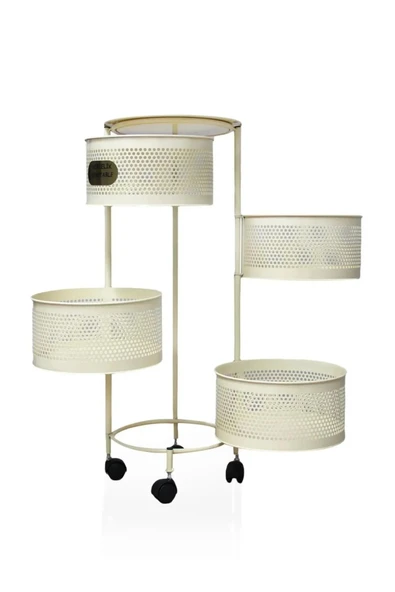 ERGENÇLERZÜCCACİYE Krem Metal 4 Katlı Yana Açılır Tekerlekli Patates Soğan Sarımsak Sebzelik Meyvelik Sepeti - Resim 2