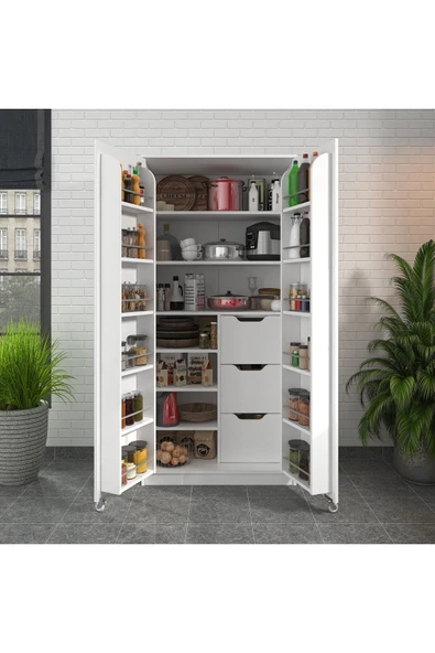 ZEYTUNHOME 90 Derece Açılabilir 2 Kapaklı, Çekmeceli, Kavanoz Raflı Kiler ve Erzak Mutfak Dolabı