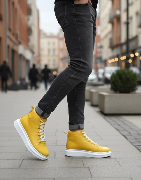Pabucmarketi Bağcıklı Erkek Sneaker Bot SARI (BEYAZ TABAN) - Resim 2