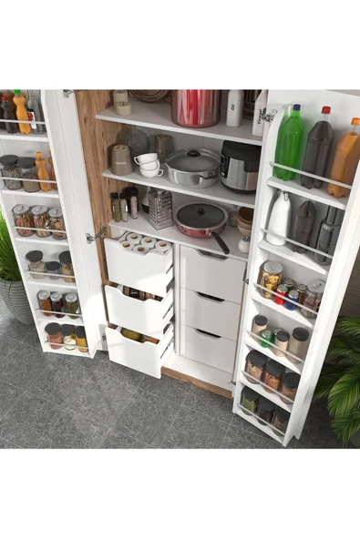 ZEYTUNHOME 165 Derece Açılabilir 2 Kapaklı, 6 Çekmeceli, Kavanoz Raflı Kiler ve Erzak Mutfak Dolabı - 4