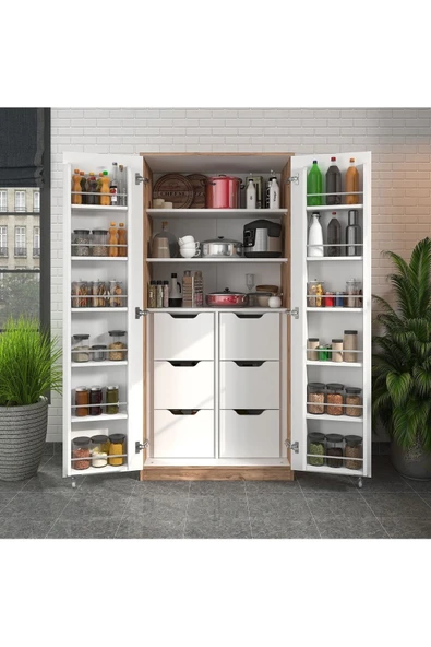 ZEYTUNHOME 165 Derece Açılabilir 2 Kapaklı, 6 Çekmeceli, Kavanoz Raflı Kiler ve Erzak Mutfak Dolabı