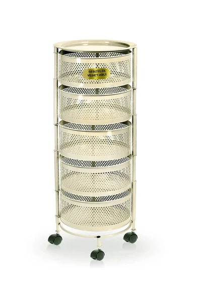 ERGENÇLERZÜCCACİYE Krem Metal 5 Katlı Yana Açılır Tekerlekli Patates Soğan Sarımsak Sebzelik Meyvelik Sepeti ürün görseli 1