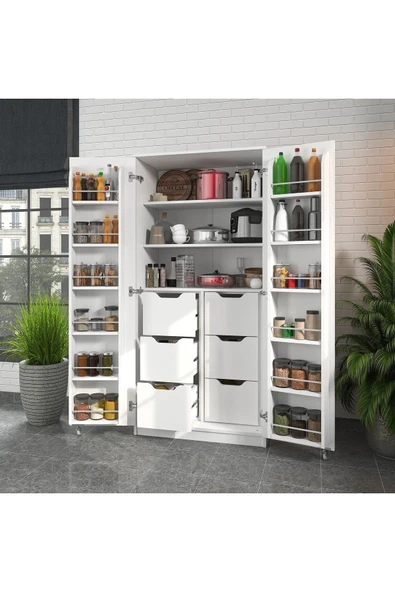 ZEYTUNHOME 165 Derece Açılabilir 2 Kapaklı, 6 Çekmeceli, Kavanoz Raflı Kiler ve Erzak Mutfak Dolabı - 2