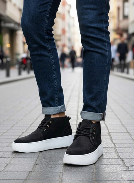 Pabucmarketi Bağcıklı İçi Kürklü Erkek Sneaker Bot SİYAH SÜET (BEYAZ TABAN)