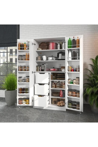 ZEYTUNHOME 165 Derece Açılabilir 2 Kapaklı, 3 Çekmeceli, Kavanoz Raflı Kiler ve Erzak Mutfak Dolabı - 3