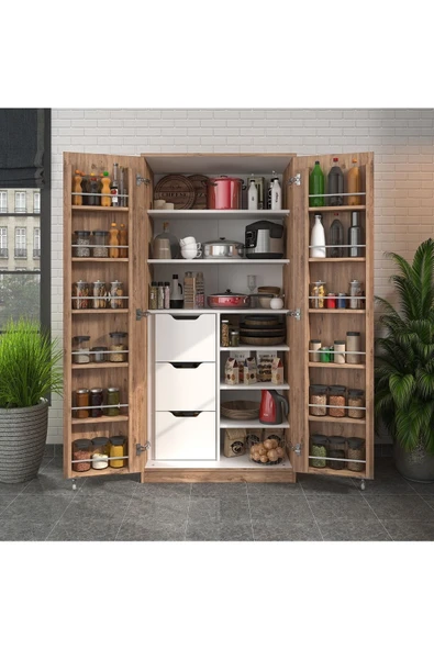 ZEYTUNHOME 165 Derece Açılabilir 2 Kapaklı, 3 Çekmeceli, Kavanoz Raflı Kiler ve Erzak Mutfak Dolabı