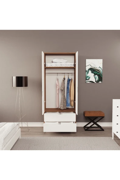 ZEYTUNHOME Moderno Mini 2 Kapaklı 2 Çekmeceli Gardırop – Kompakt Tasarım, Modern Görünüm - 3