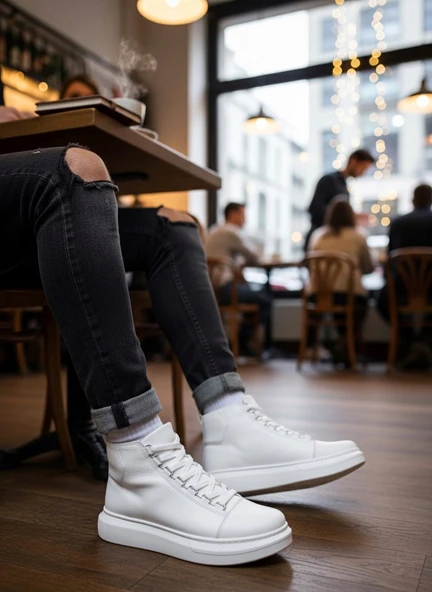 Pabucmarketi Bağcıklı Erkek Sneaker Bot BEYAZ (BEYAZ TABAN) - Resim 4