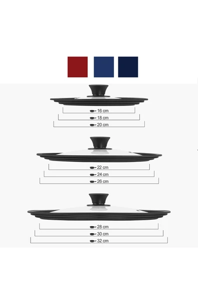 ERGENÇLER Evrensel 3 adet 9 Boyutlu Kademeli Silikon Kenarlı Cam Tencere&Tava Kapak Seti ürün görseli 1