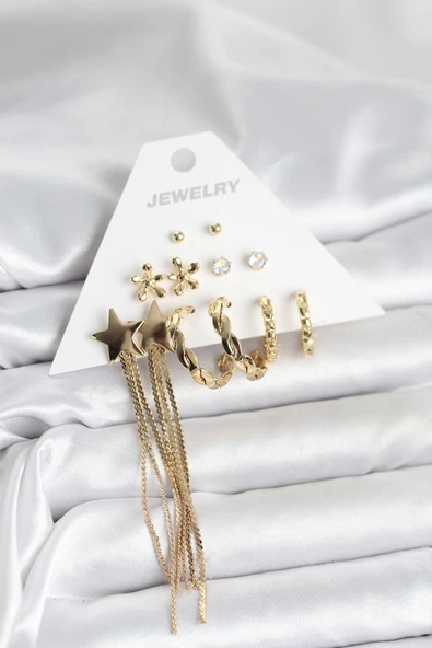 Pirinç Gold Renk 6 Çift Kadın Küpe Seti - TJ-BKP11321 ürün görseli