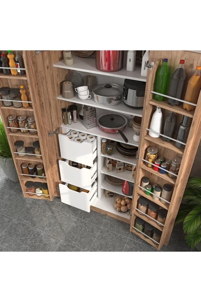 ZEYTUNHOME 165 Derece Açılabilir 2 Kapaklı, 3 Çekmeceli, Kavanoz Raflı Kiler ve Erzak Mutfak Dolabı - 3