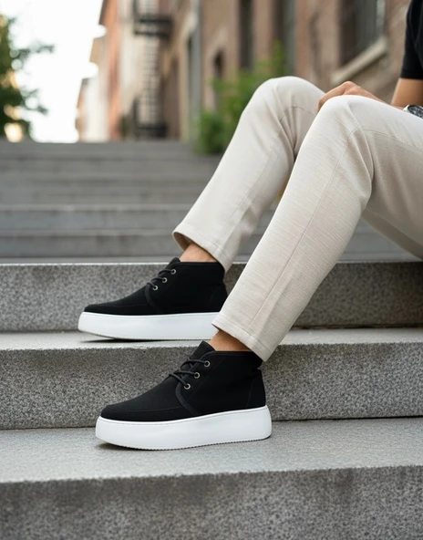 Pabucmarketi Bağcıklı İçi Kürklü Erkek Sneaker Bot SİYAH SÜET (BEYAZ TABAN) - 5