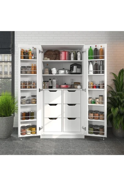 ZEYTUNHOME 165 Derece Açılabilir 2 Kapaklı, 6 Çekmeceli, Kavanoz Raflı Kiler ve Erzak Mutfak Dolabı