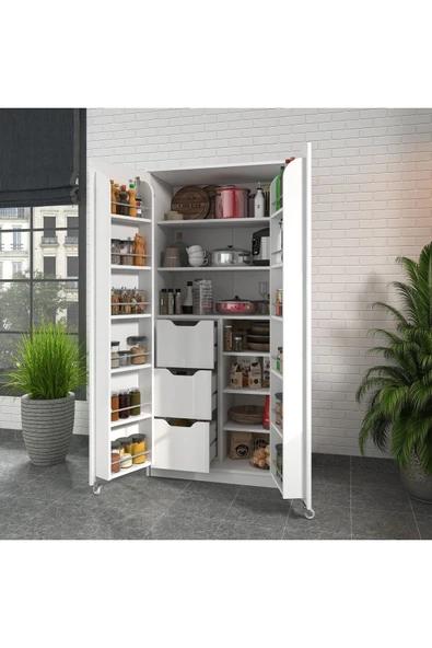 ZEYTUNHOME 90 Derece Açılabilir 2 Kapaklı, Çekmeceli, Kavanoz Raflı Kiler ve Erzak Mutfak Dolabı - 3