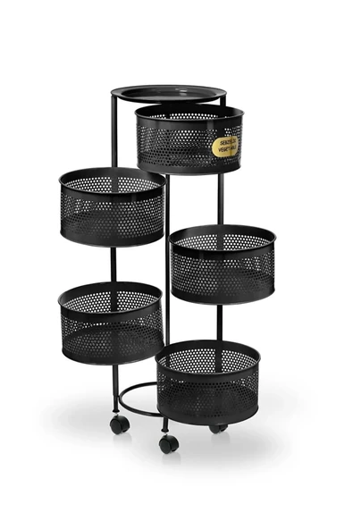 ERGENÇLERZÜCCACİYE Siyah Metal 5 Katlı Yana Açılır Tekerlekli Patates Soğan Sarımsak Sebzelik Meyvelik Sepeti - Resim 2