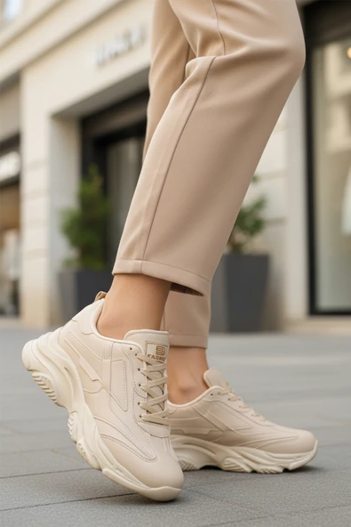 Walkway Ekru Bağcıklı Kadın Sneaker - Resim 3