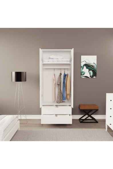 ZEYTUNHOME Moderno Mini 2 Kapaklı 2 Çekmeceli Gardırop – Kompakt Tasarım, Modern Görünüm - 3