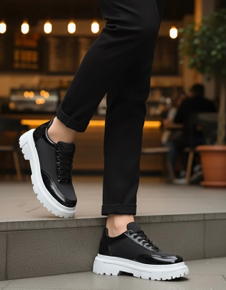 Pabucmarketi Bağcıklı Paraşüt Detaylı Erkek Günlük Ayakkabı SİYAH (BEYAZ TABAN) - Resim 3