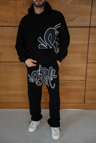 MDB Erkek Kapüşonlu Eşofman Takım Graffiti Baskılı Oversize Rahat Kalıp, Kanguru Cepli, treetwear Tarzında Premium Ürün ürün görseli 1