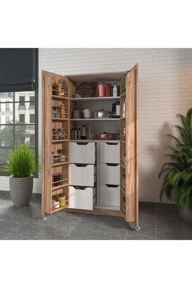 ZEYTUNHOME 90 Derece Açılabilir 2 Kapaklı, 6 Çekmeceli, Kavanoz Raflı Kiler ve Erzak Mutfak Dolabı