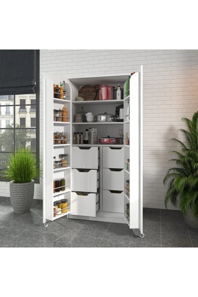 ZEYTUNHOME 90 Derece Açılabilir 2 Kapaklı, 6 Çekmeceli, Kavanoz Raflı Kiler ve Erzak Mutfak Dolabı - 2