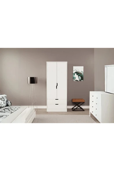 ZEYTUNHOME Moderno Mini 2 Kapaklı 2 Çekmeceli Gardırop – Kompakt Tasarım, Modern Görünüm