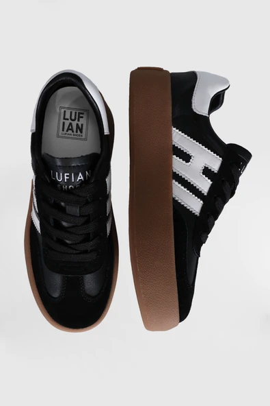 Lufian Siyah Hakiki Deri Bağcıklı Unisex Sneaker - Resim 4