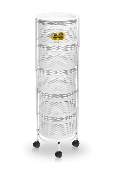 ERGENÇLERZÜCCACİYE Beyaz Metal 5 Katlı Yana Açılır Tekerlekli Patates Soğan Sarımsak Sebzelik Meyvelik Sepeti ürün görseli 1