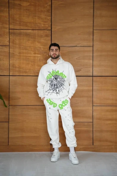 MDB Erkek Kapüşonlu Eşofman Takım Örümcek Ağı Ve Neon Yeşil Baskılı Kanguru Cepli Oversize Rahat Kalıp, Premium Üç İplik ürün görseli 1