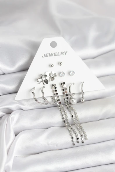 Pirinç Gümüş Renk 6 Çift Kadın Küpe - TJ-BKP11336 ürün görseli