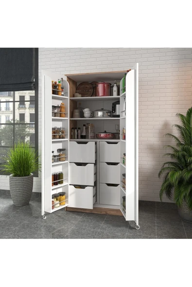 ZEYTUNHOME 90 Derece Açılabilir 2 Kapaklı, 6 Çekmeceli, Kavanoz Raflı Kiler ve Erzak Mutfak Dolabı - 2