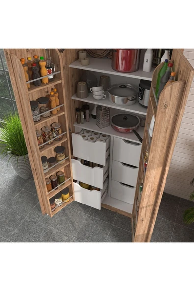 ZEYTUNHOME 90 Derece Açılabilir 2 Kapaklı, 6 Çekmeceli, Kavanoz Raflı Kiler ve Erzak Mutfak Dolabı - 2