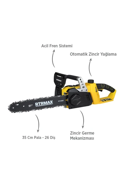 RTX1891SET Şarjlı Ağaç Kesme Motoru 3'li Set -Testere Zinciri-Eldiven - Resim 2