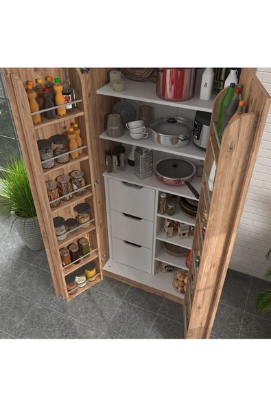ZEYTUNHOME 90 Derece Açılabilir 2 Kapaklı, Çekmeceli, Kavanoz Raflı Kiler ve Erzak Mutfak Dolabı - 4