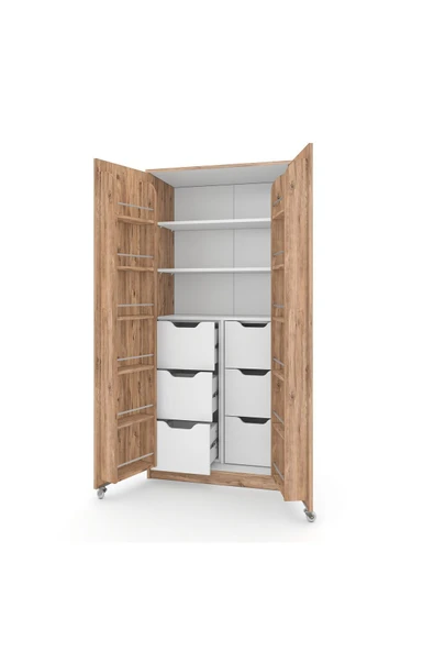 ZEYTUNHOME 90 Derece Açılabilir 2 Kapaklı, 6 Çekmeceli, Kavanoz Raflı Kiler ve Erzak Mutfak Dolabı - 4